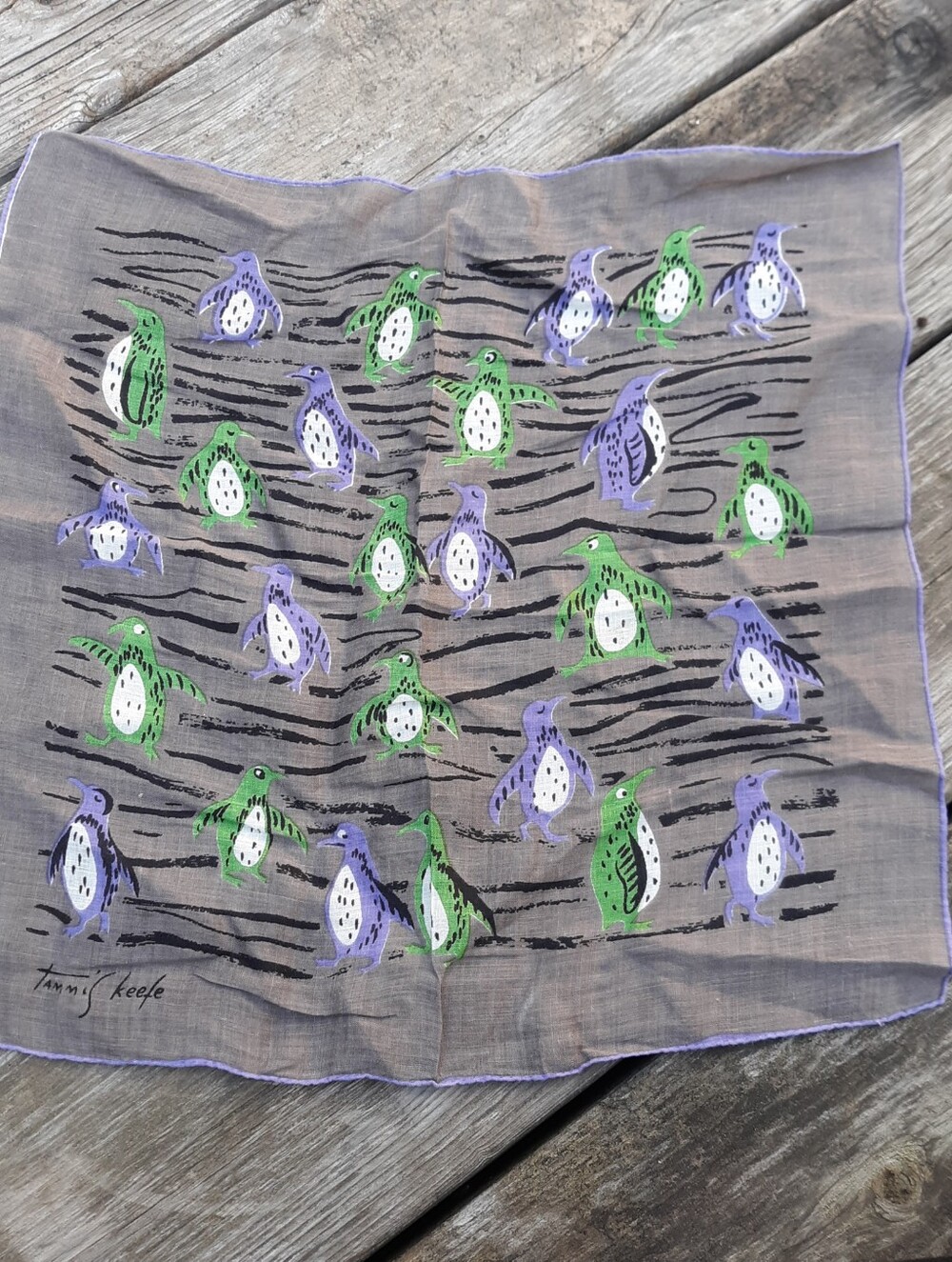 Tammis Keefe Vintage 1950s Penguin Handkerchief Linen Grey Purple Green 15x15